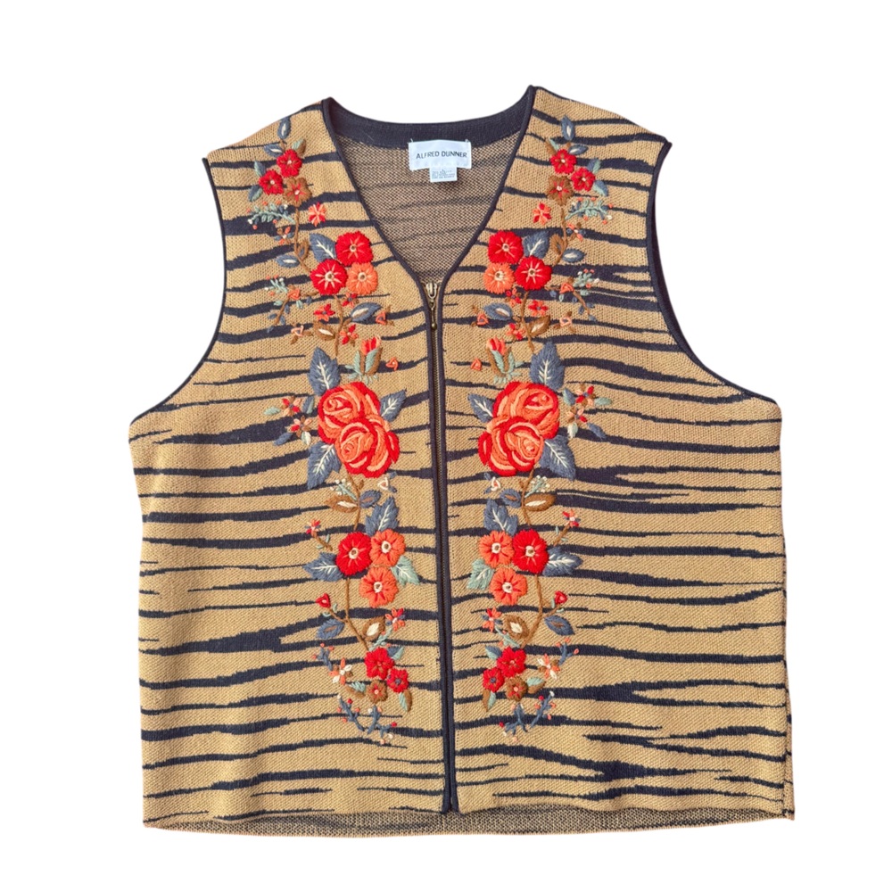 Alfred Dunmer Floral and Zebra Print Embroidered Wool Blend Vest